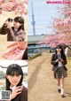 A collage of photos of a girl in a school uniform.