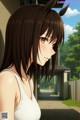 Anime girl with brown hair and a white tank top.