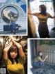 A collage of photos of a woman posing in front of a clock.